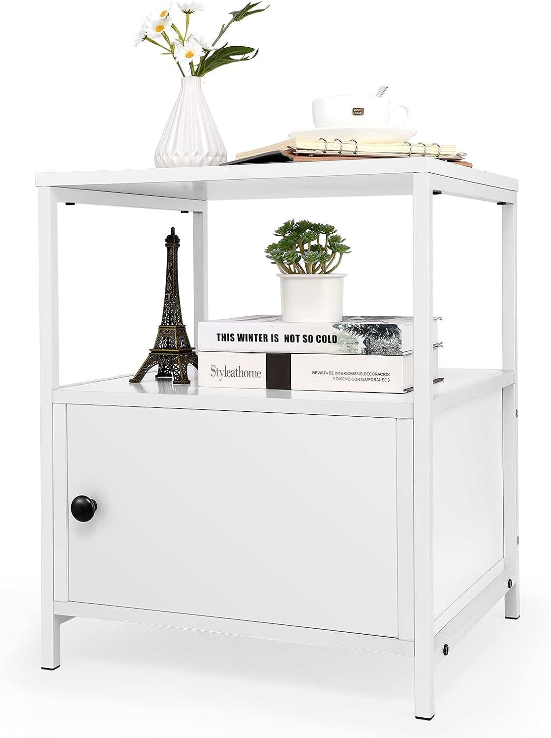 White 3-Tier Wooden Nightstand with Storage Cabinet and Open Shelf I60264
