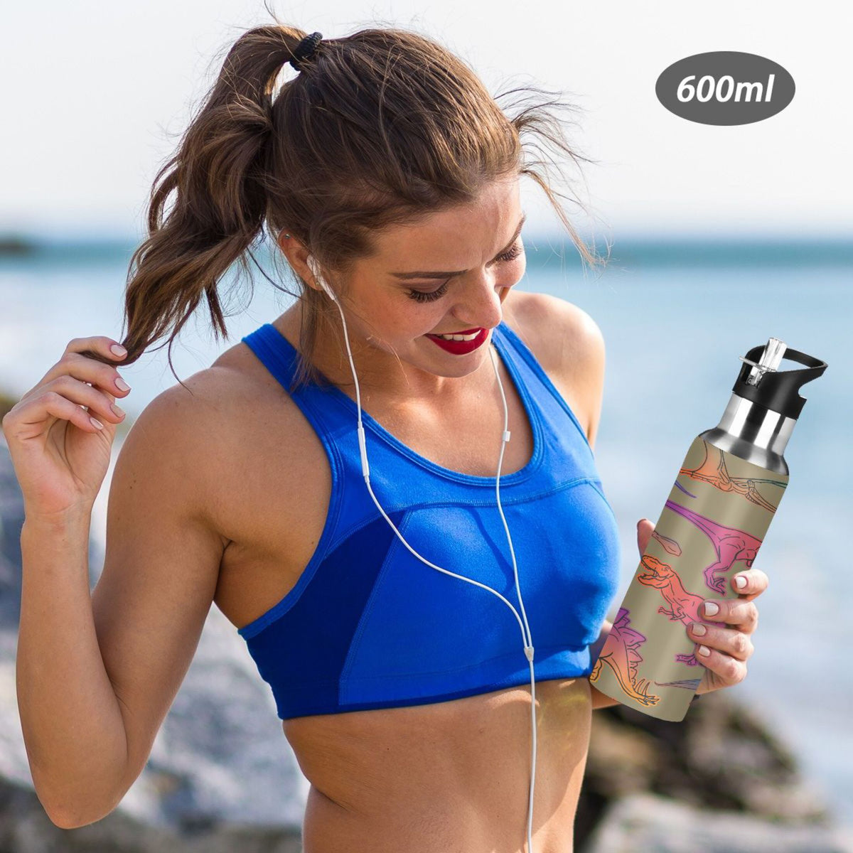 Colorful Dinosaur Stainless Steel Insulated Water Bottle with Straw Lid Y5118