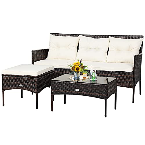 3 Pieces PE Rattan Wicker Patio Conversation Set with Cushions and Tempered Glass Coffee Table I98458