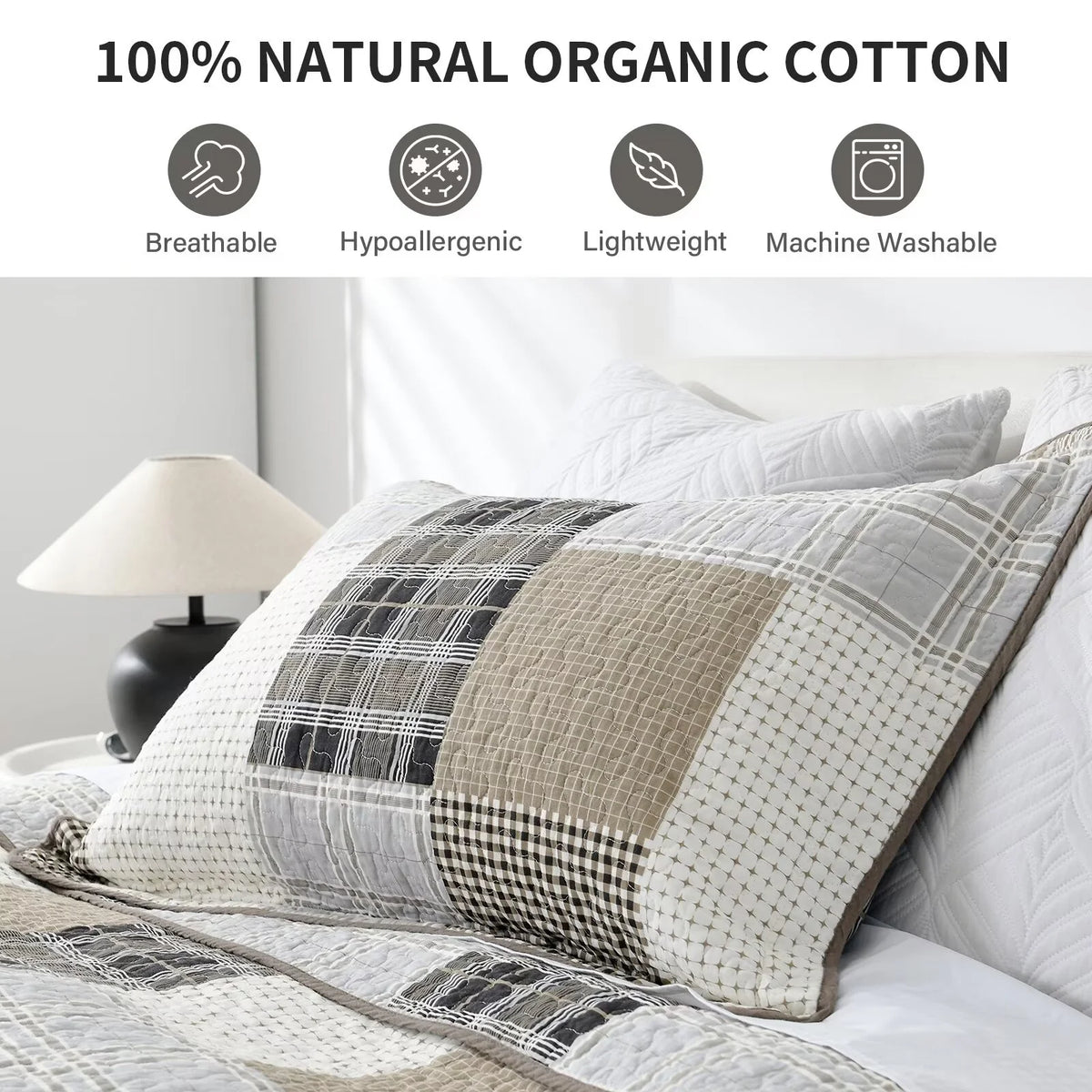 King Size 100% Cotton Beige Brown Patchwork Plaid Quilt Set 3-Piece O4744