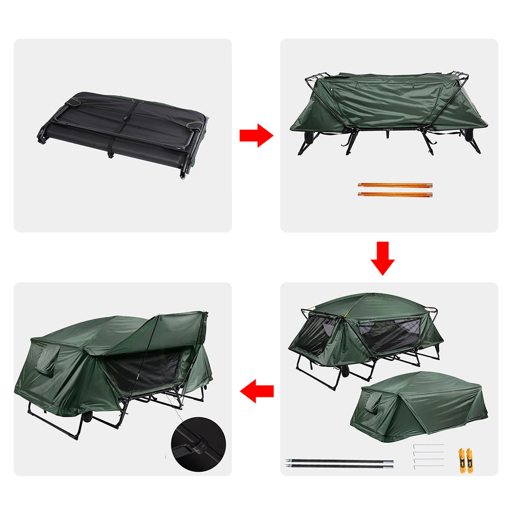Green Double Tent Cot Folding Portable Waterproof Camping Bed for 2 Person with Rain Fly Bag P94810