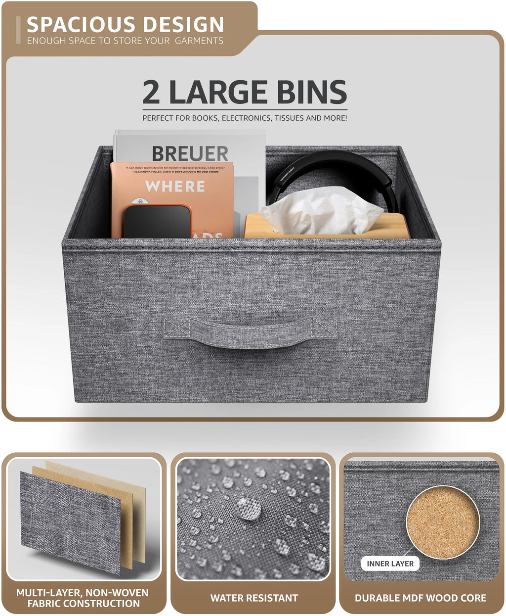 2 Drawer Nightstand with Steel Frame, Wood Top, Fabric Bins A917744