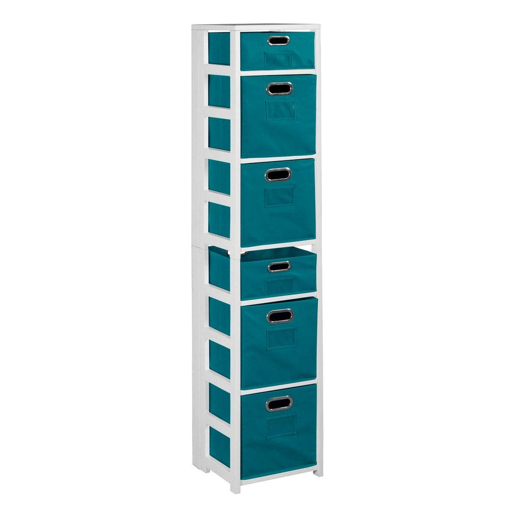 White Teal Square Folding Bookcase with Fabric Bins B4406