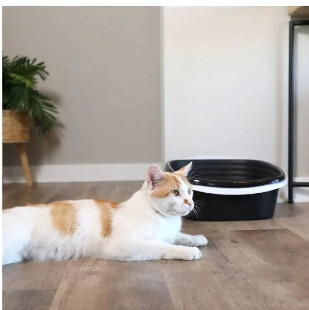 2 Open Top Plastic Cat Litter Pans and Tray, Large, Black J890