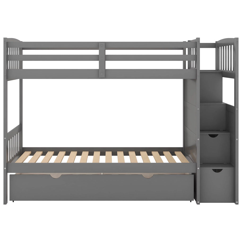 Twin over Twin or Twin over Full Bunk Bed with Drawers, Shelf and Storage Cabinet, Gray U1209