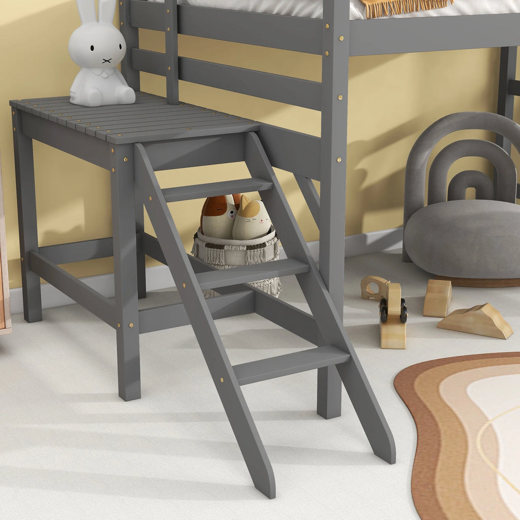 Gray Full Wood Loft Bed with Safety Rail and Ladder L79026