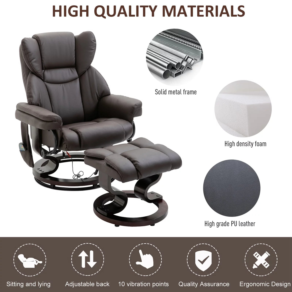 Brown Faux Leather Massage Recliner Chair with Footrest N27857