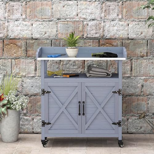 Wooden Potting Bench Table with Storage Cabinet H4979