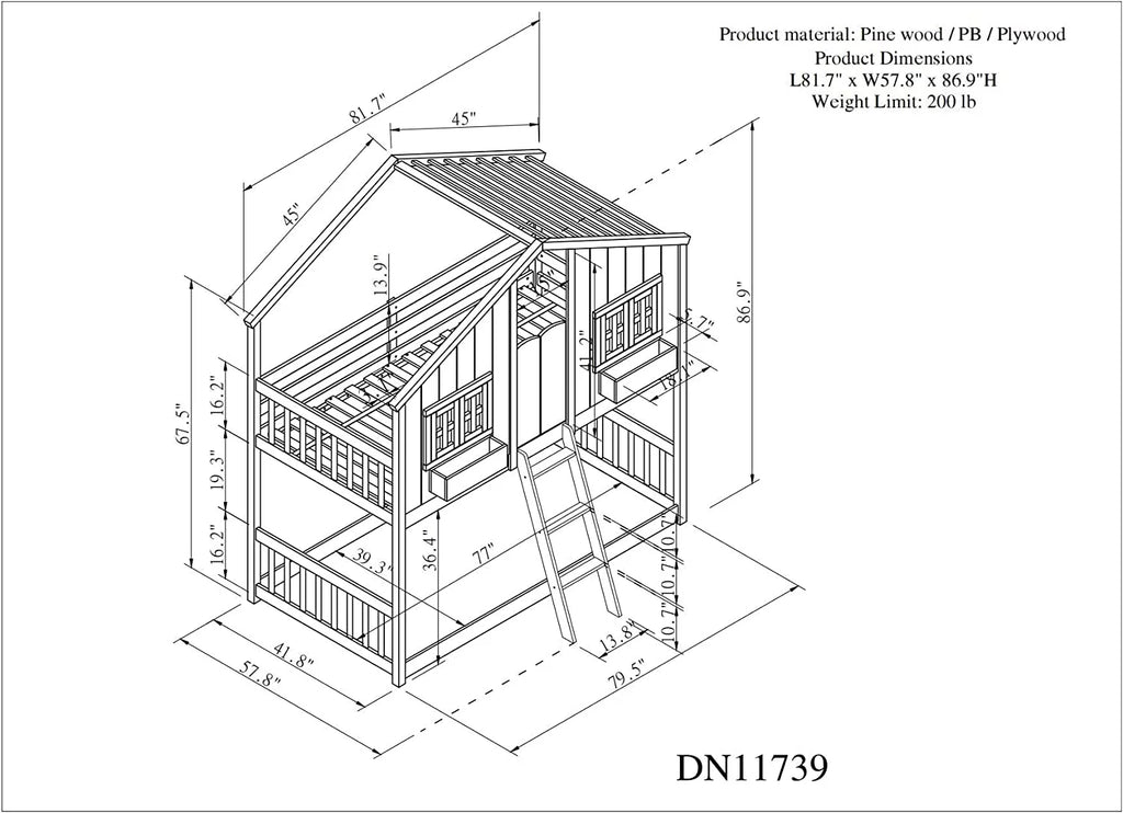 Gray Wood Kids Bed with Roof and Guardrails X18615