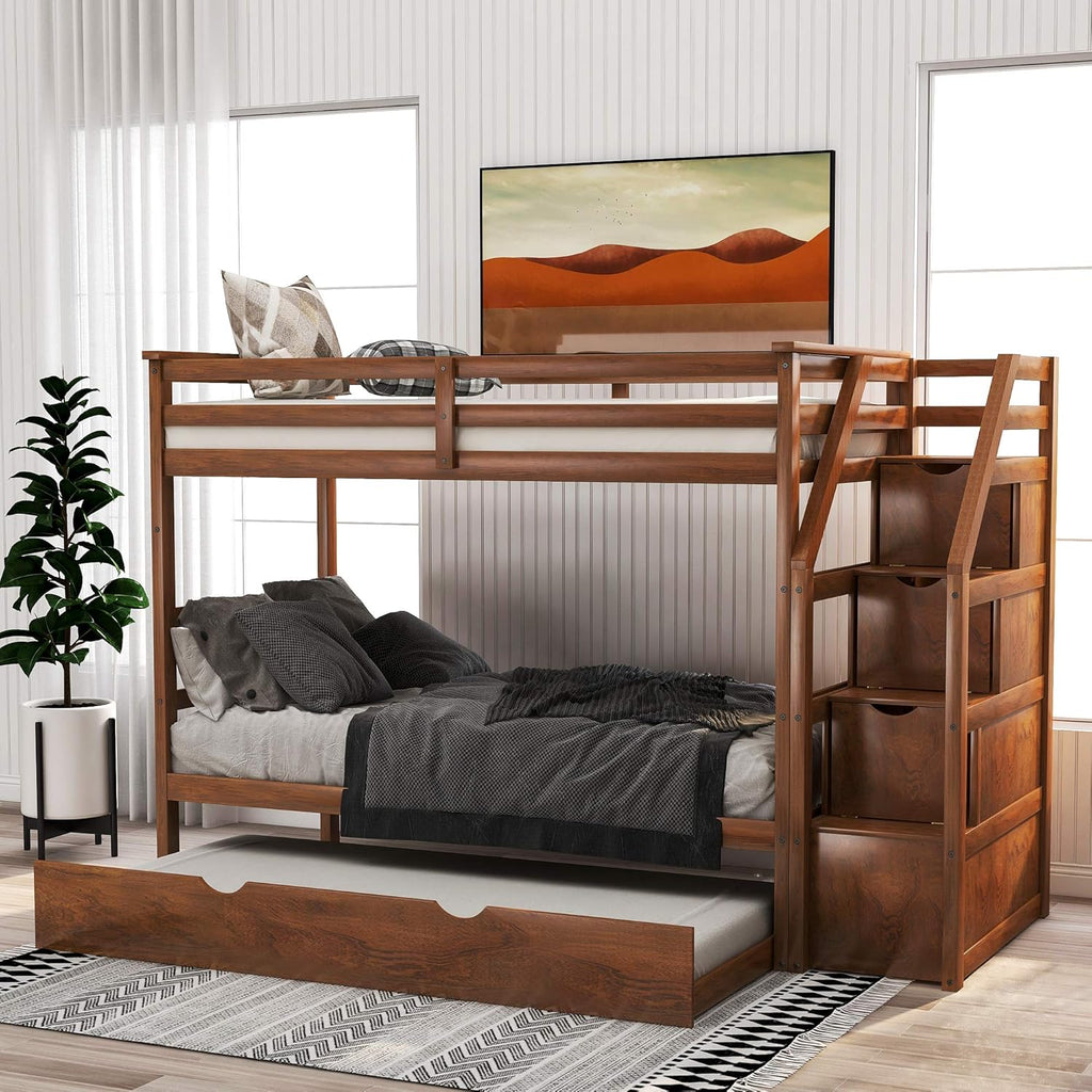 Grey Wood Twin Over Twin Bunk Bed with Trundle and Storage Drawers C513211
