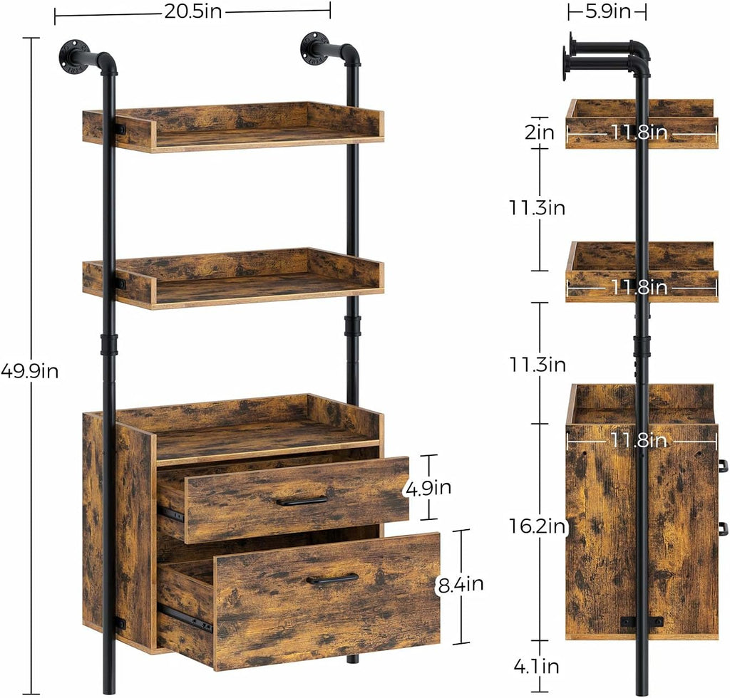 Industrial Bookshelf with 2 Wood Drawers, Wall Mounted 3-Tier Bookcase, Rustic Brown F5054