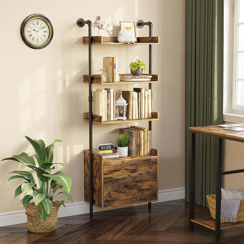 Industrial Bookshelf with 2 Wood Drawers, Wall Mounted 3-Tier Bookcase, Rustic Brown F5054