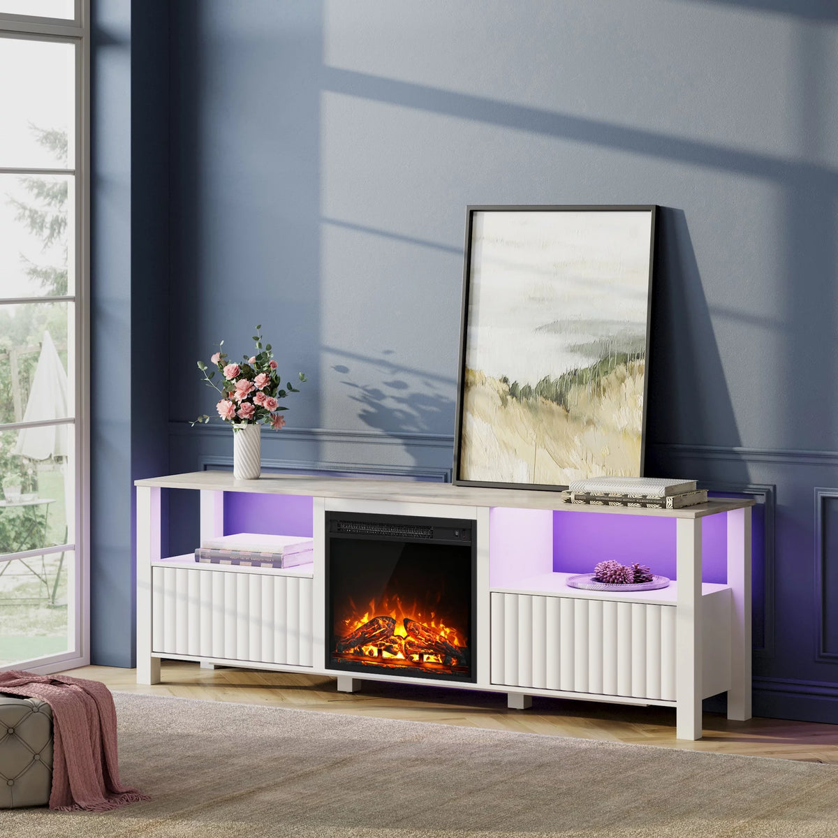 White 70 inch Wood Electric Fireplace TV Stand X85541