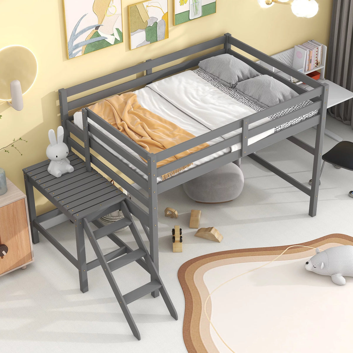 Gray Full Wood Loft Bed with Safety Rail and Ladder L79026