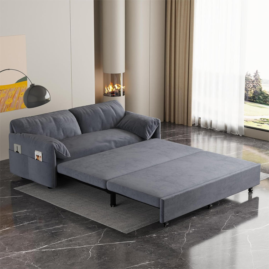 63.8" Queen Pull Out Velvet Sofa Bed with 2 Pillows P902362