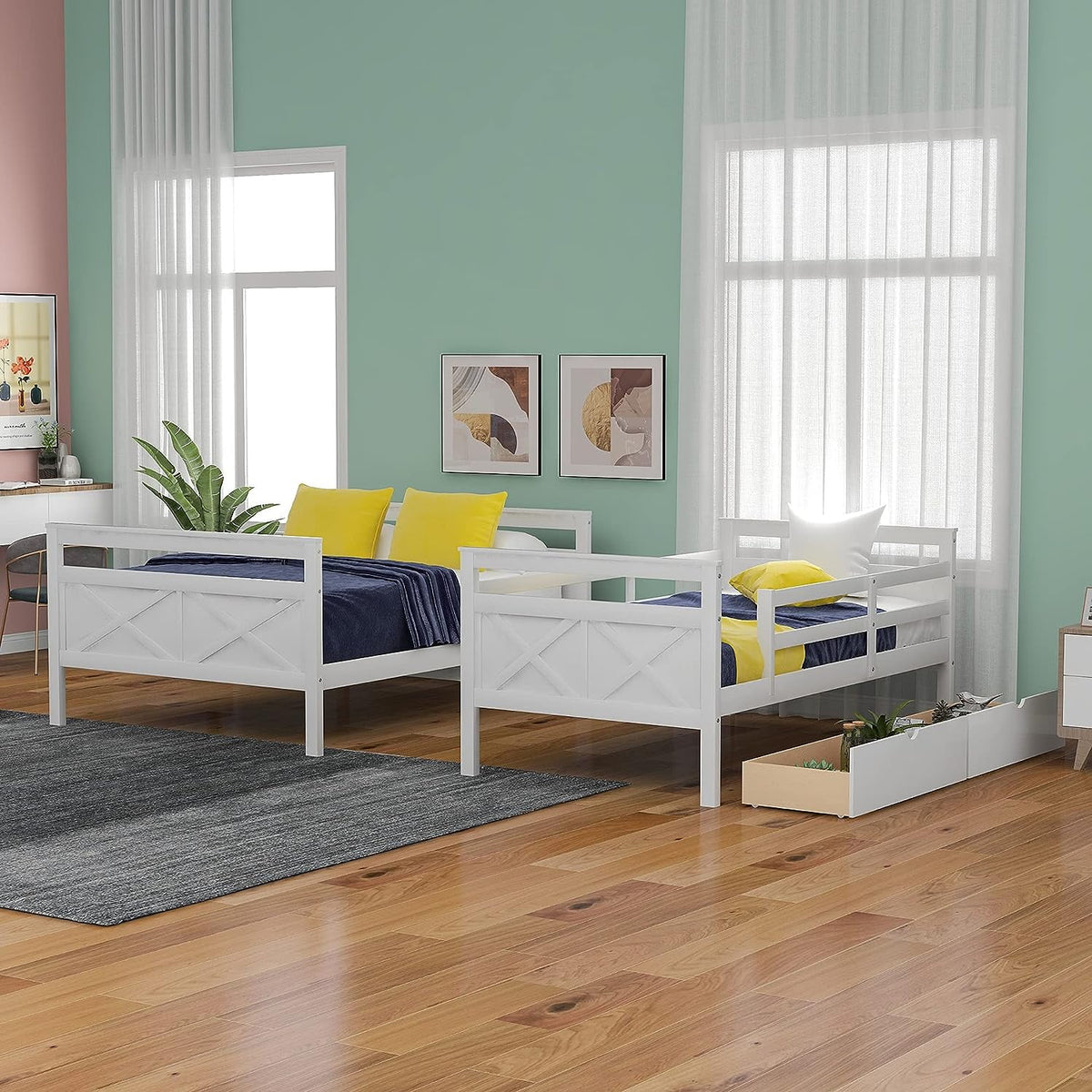 White Wooden Bunk Bed with 2 Storage Drawers and Ladder Y394