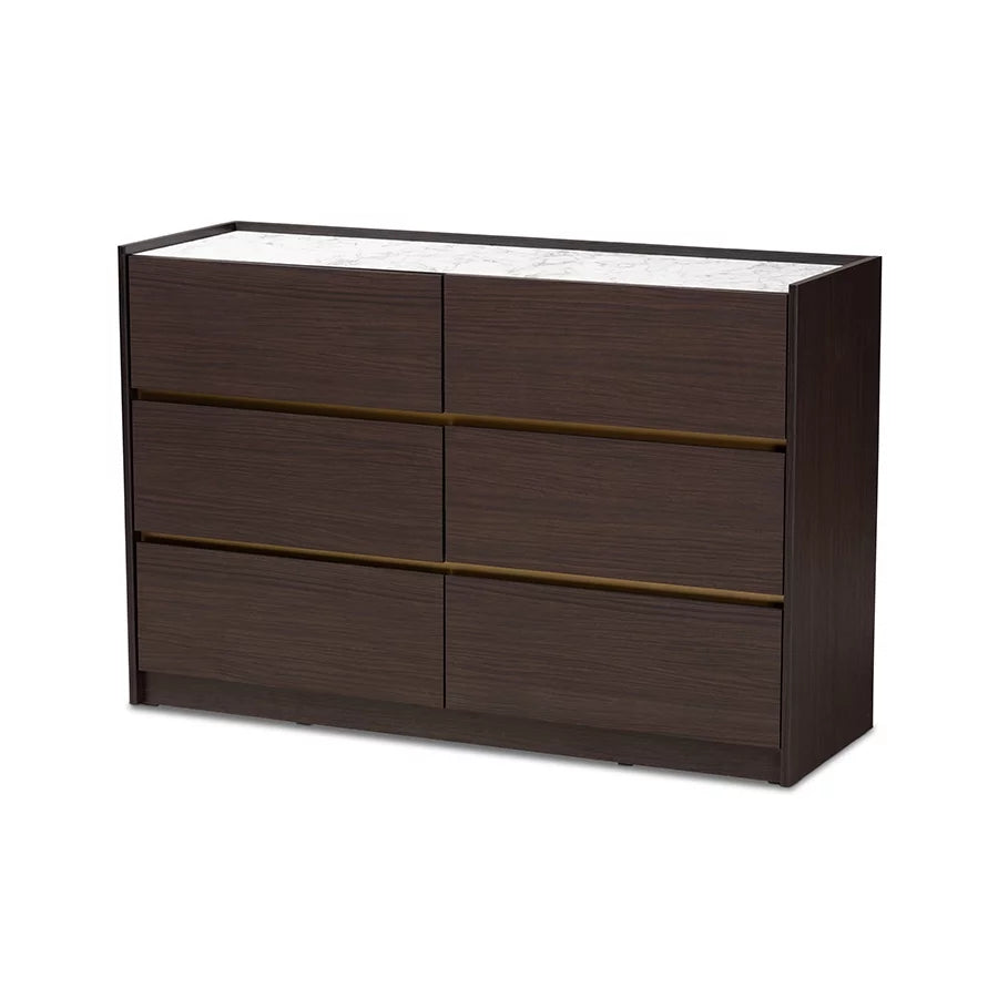 Dark Brown Gold Wood 6-Drawer Dresser with Faux Marble Top S6118