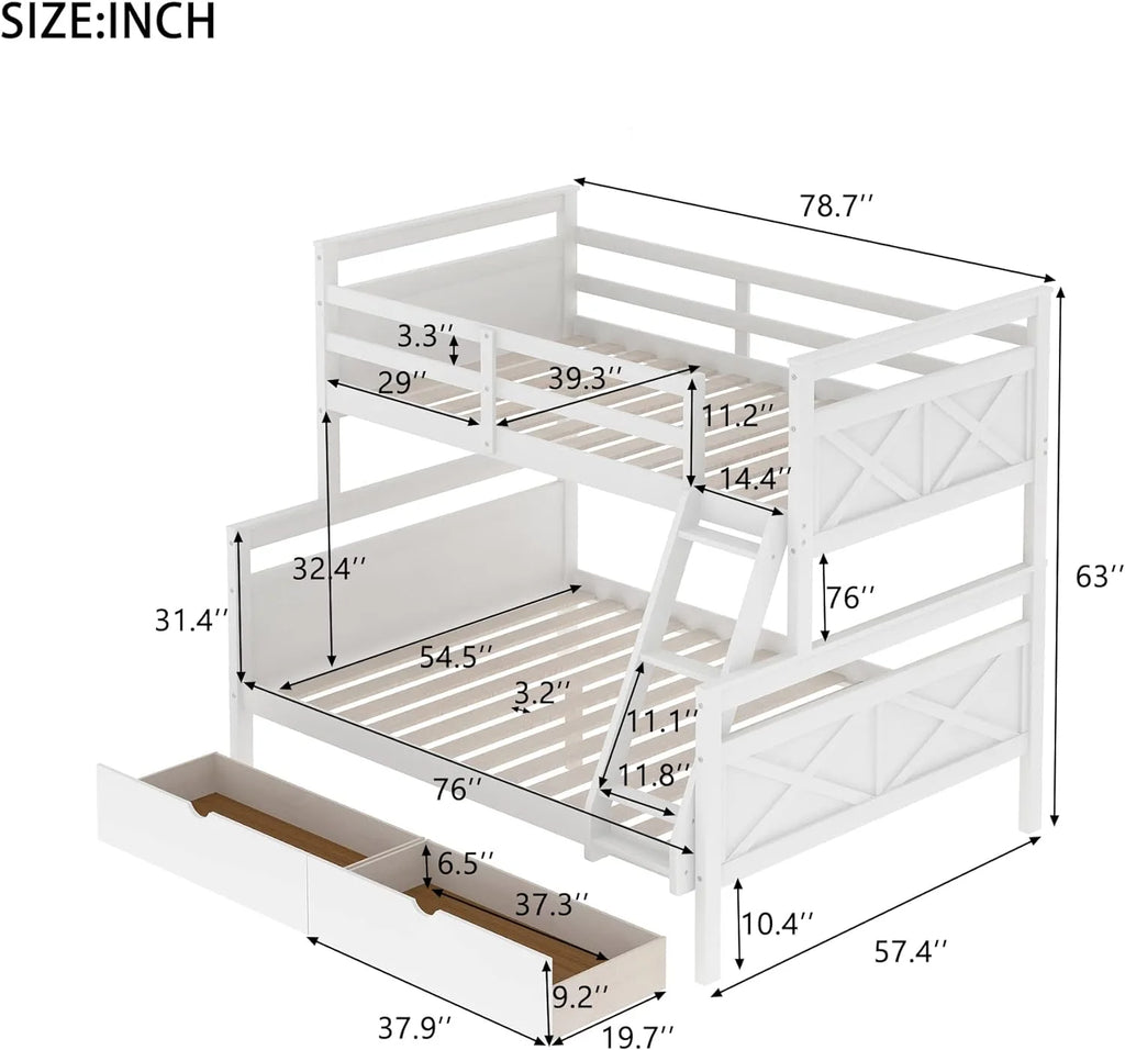 White Wooden Bunk Bed with 2 Storage Drawers and Ladder Y394