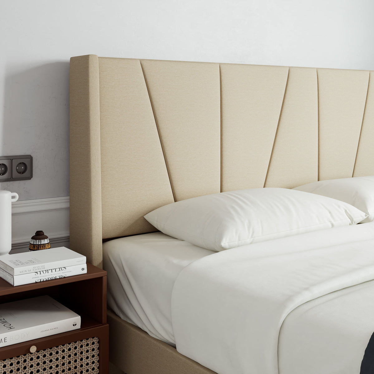 King Size Beige Upholstered Platform Bed with Wingback P650