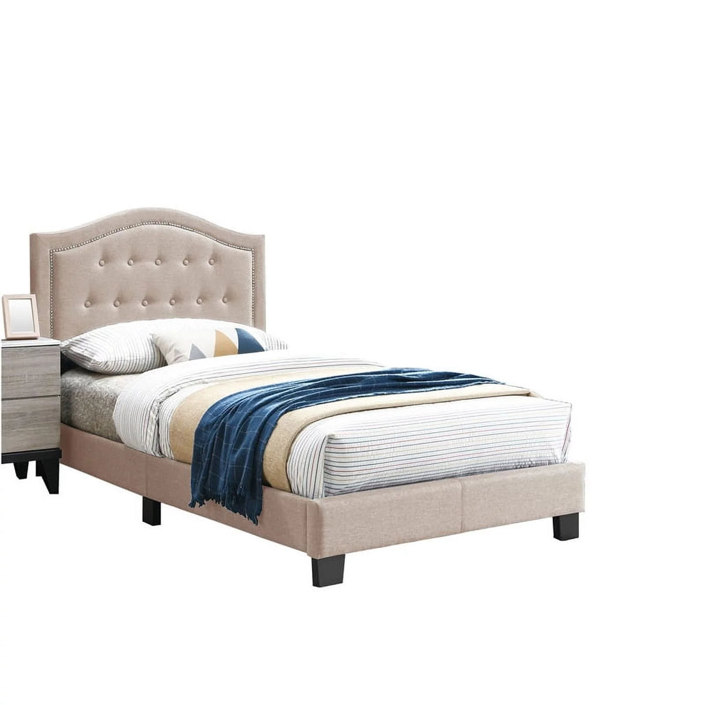 Twin Burlap Fabric Upholstered Bed Frame with Slats in Light Brown B59439