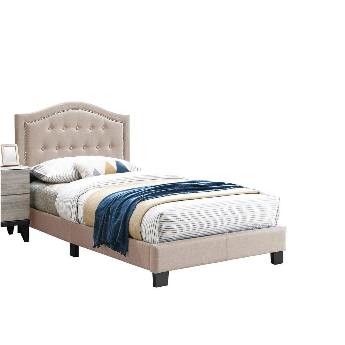 Twin Burlap Fabric Upholstered Bed Frame with Slats in Light Brown B59439