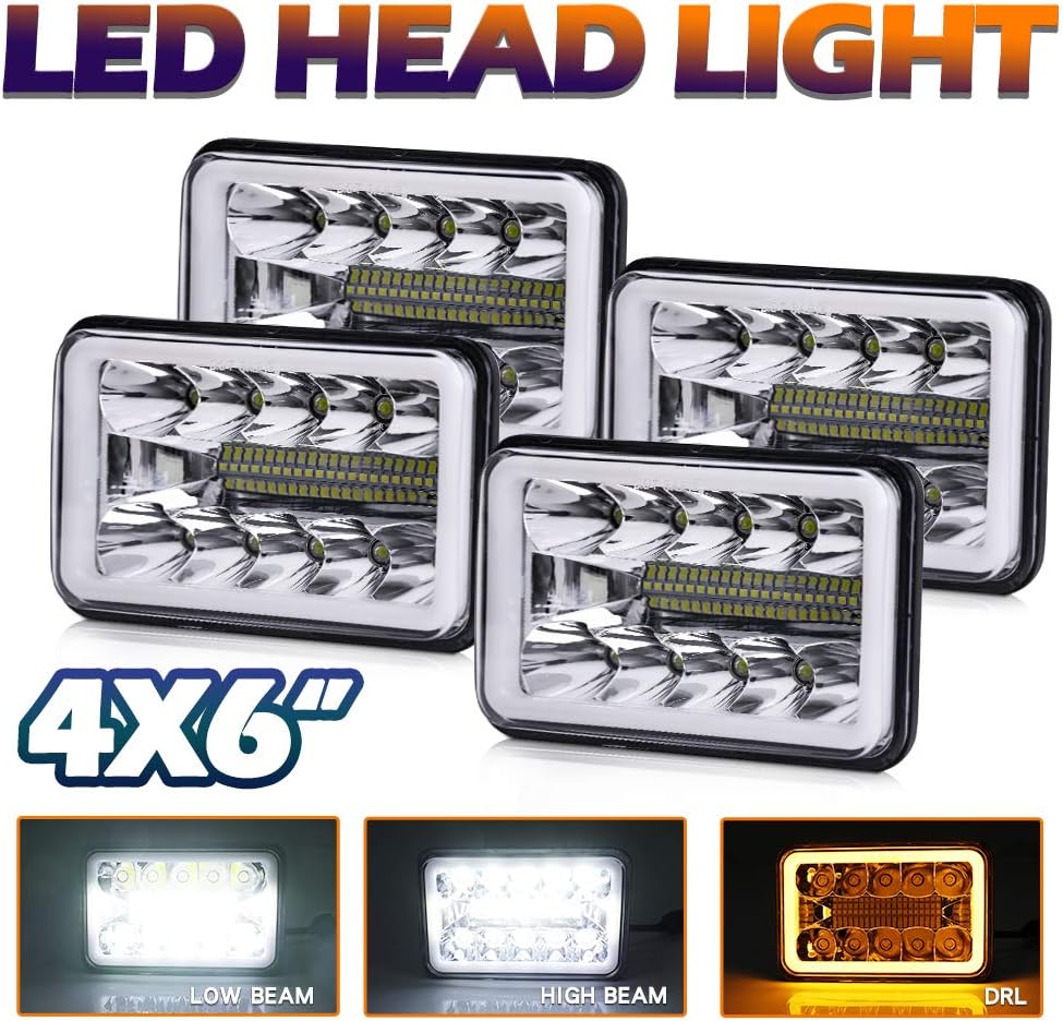 4x6 inch LED Headlights Yellow Halo Dot Rectangular Replacement N425