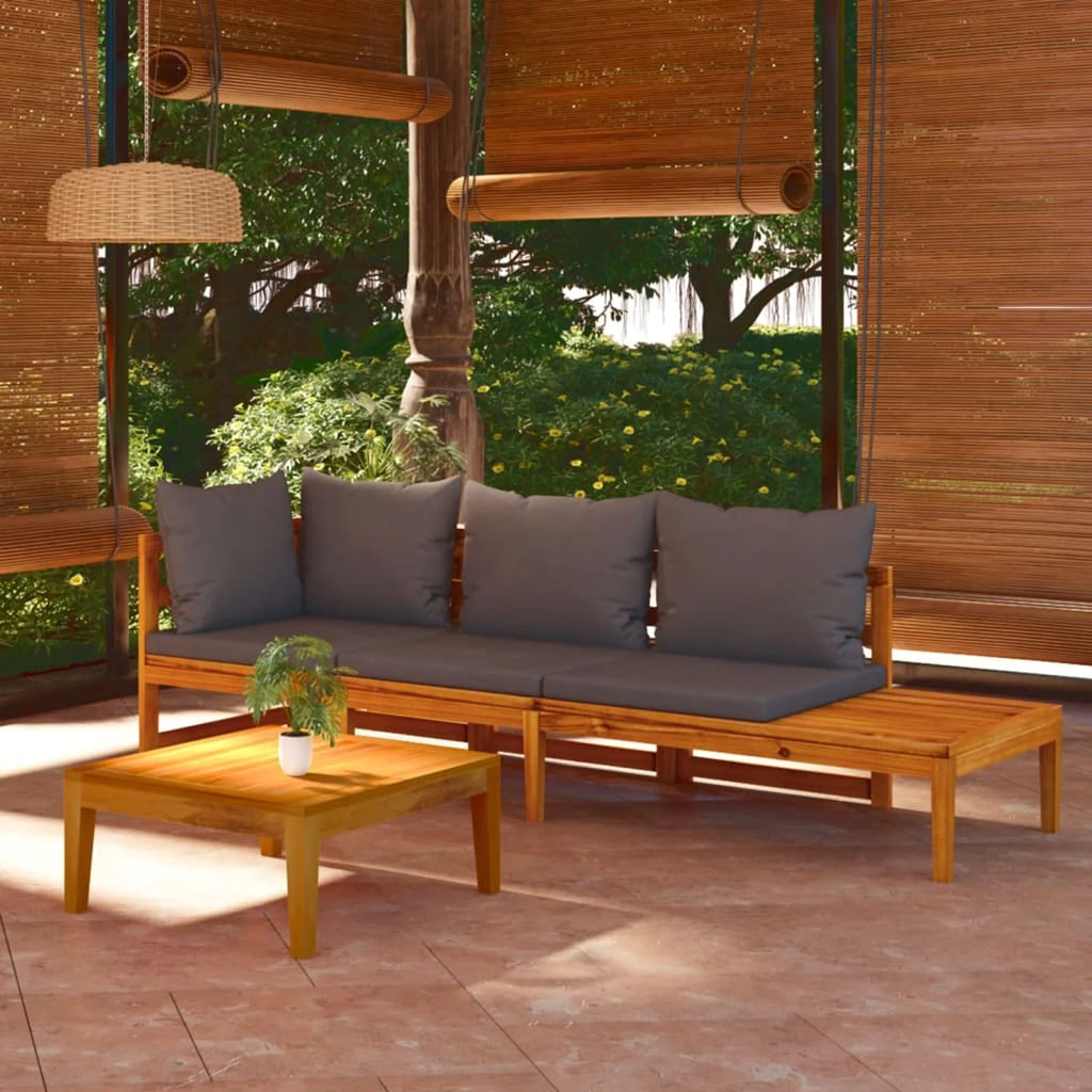 3 Piece Dark Gray Cushioned Corner Sofa and Table Acacia Wood Sectional Outdoor Furniture Set N503