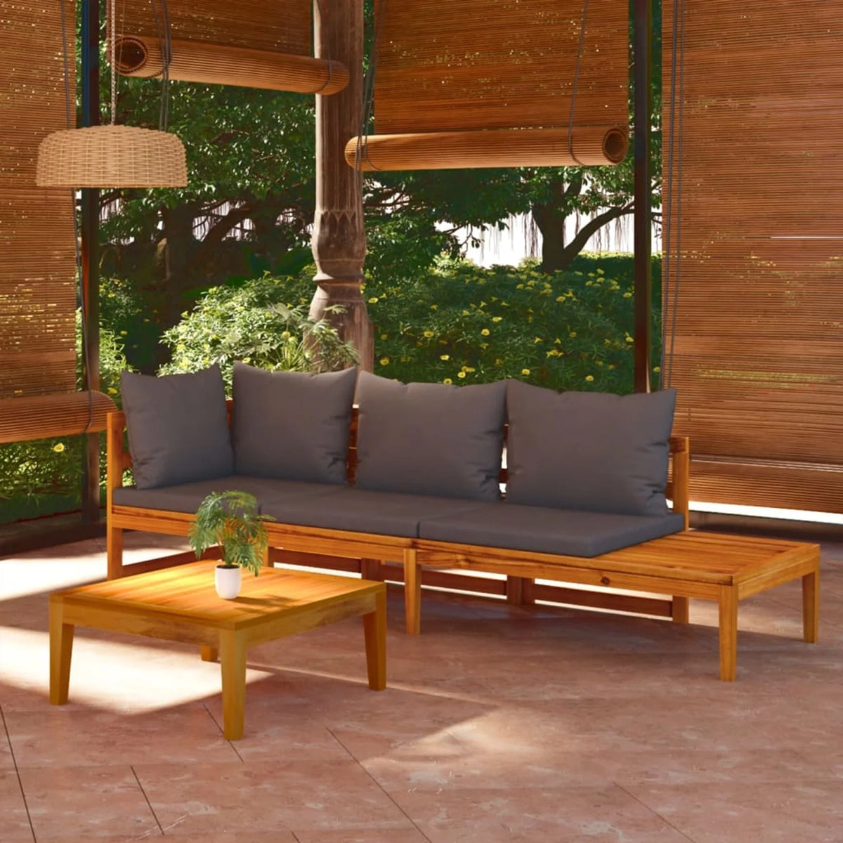 3 Piece Dark Gray Cushioned Corner Sofa and Table Acacia Wood Sectional Outdoor Furniture Set N503