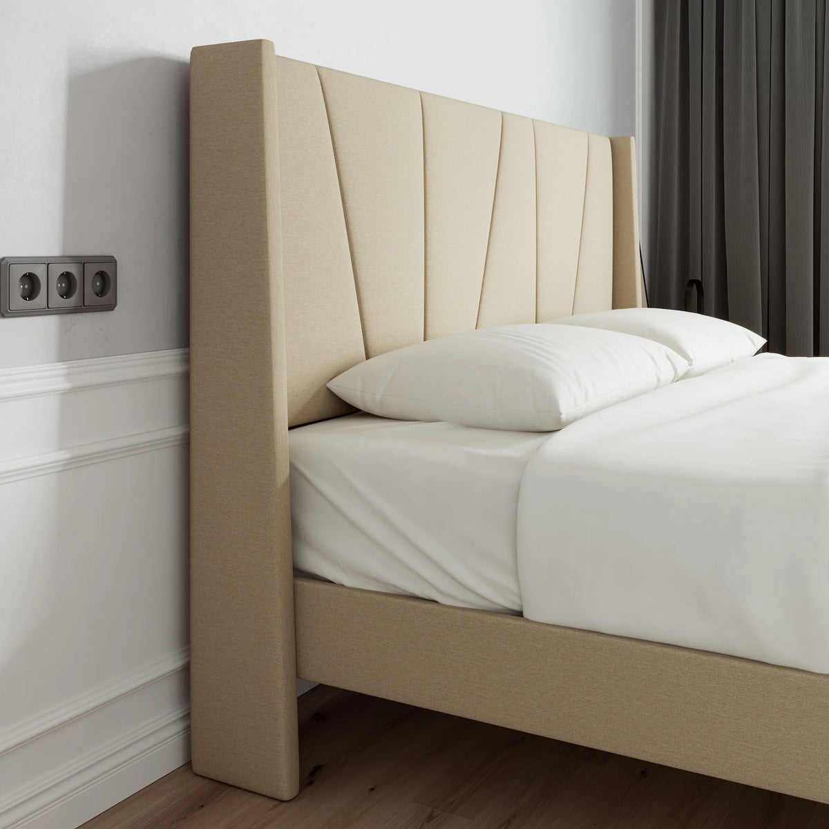 King Size Beige Upholstered Platform Bed with Wingback P650
