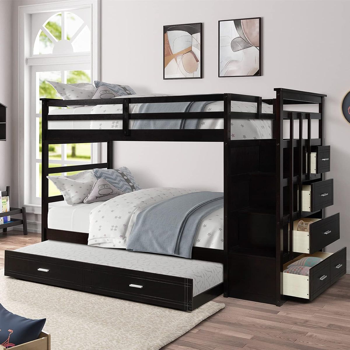 Grey Wood Twin Over Twin Bunk Bed with Trundle and Storage Drawers C513211