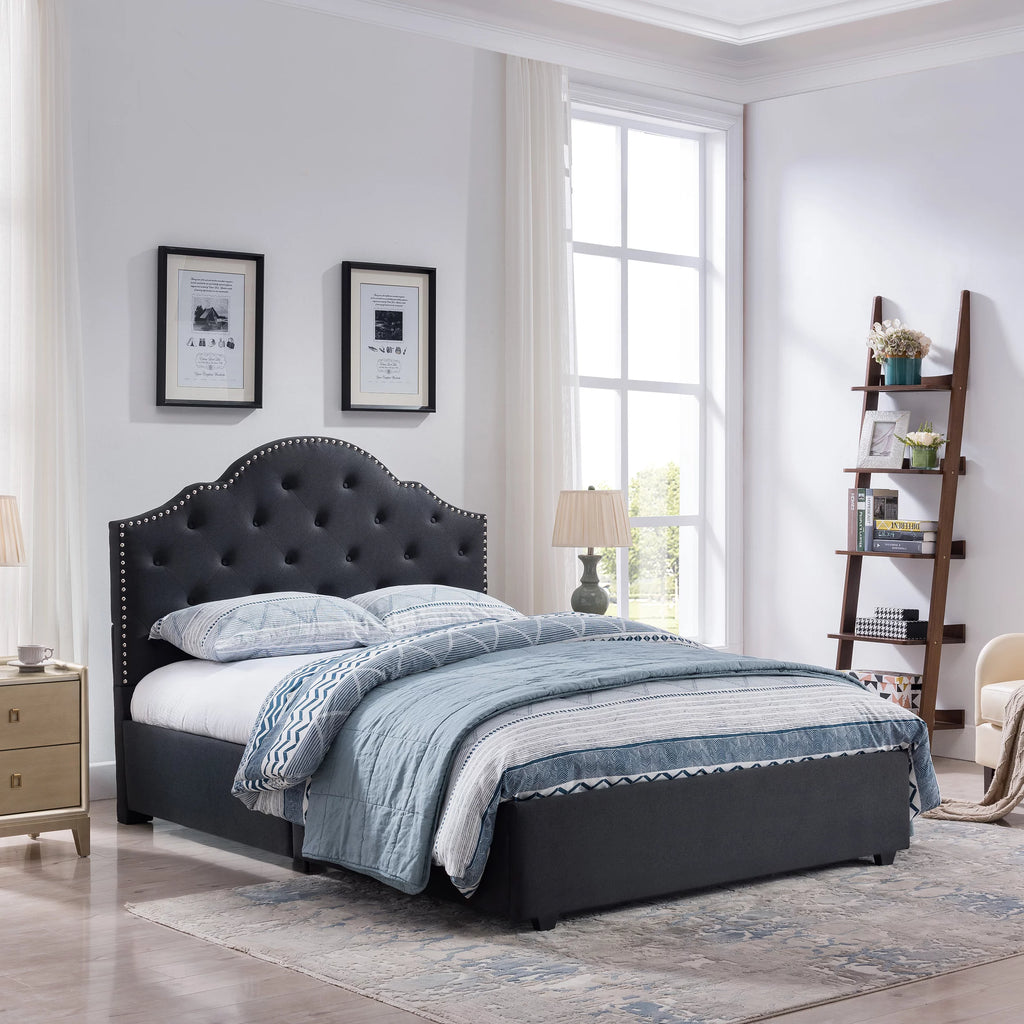 Black Button-Tufted Upholstered Queen Bed Frame U547366