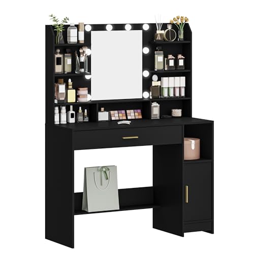 Black Vanity Desk with Mirror and 10 LED Lights R74410