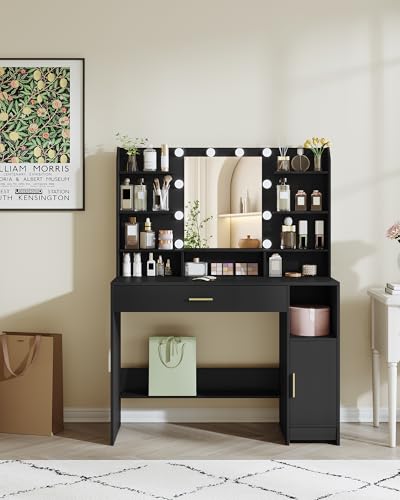 Black Vanity Desk with Mirror and 10 LED Lights R74410