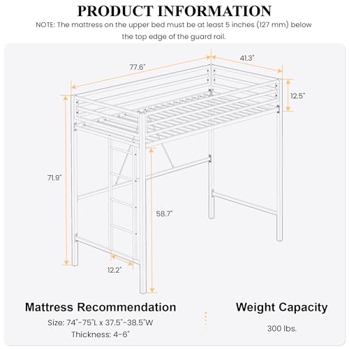 Twin Size Black Metal Loft Bed with Ladder and Guardrail H8440