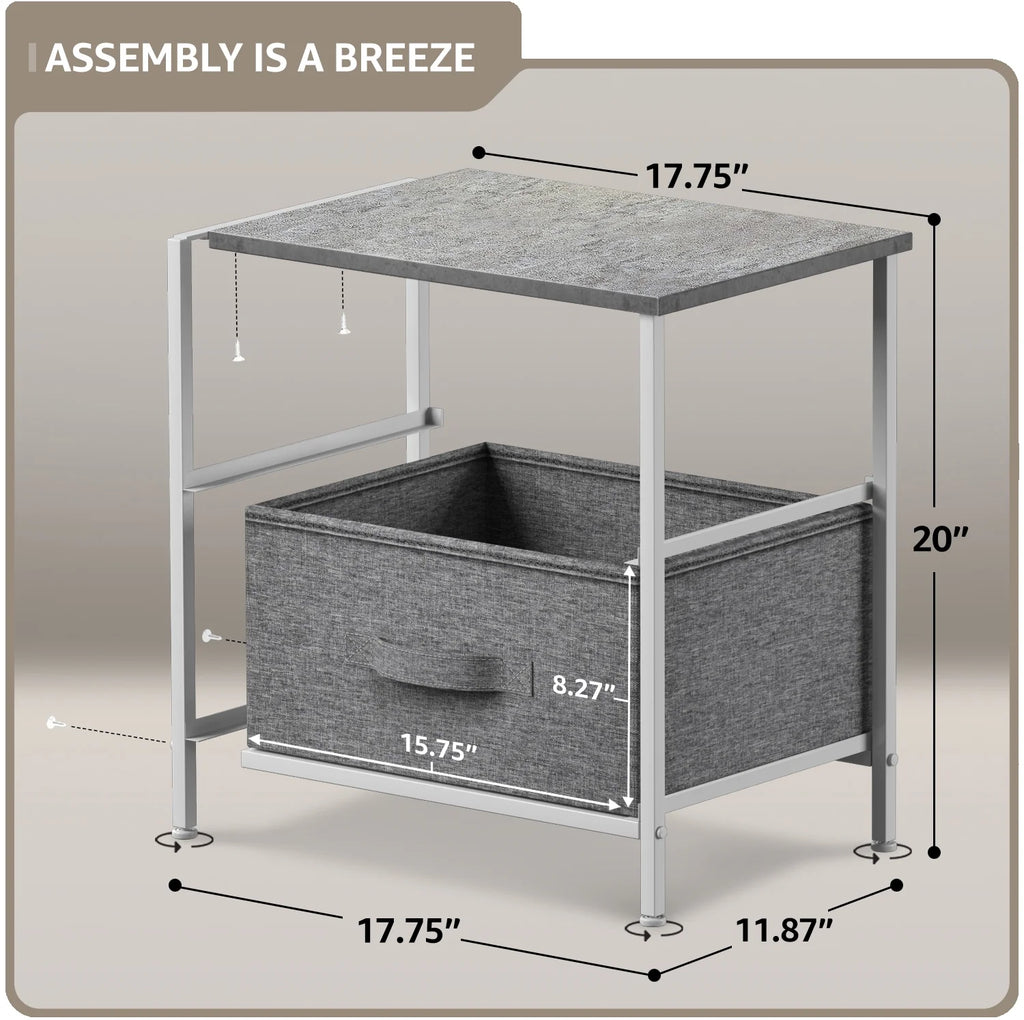 2 Drawer Nightstand with Steel Frame, Wood Top, Fabric Bins A917744
