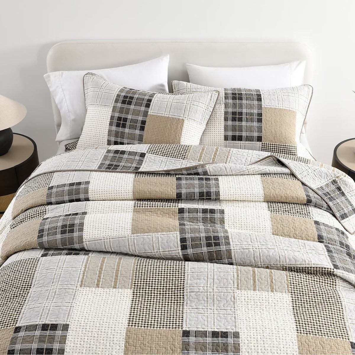King Size 100% Cotton Beige Brown Patchwork Plaid Quilt Set 3-Piece O4744