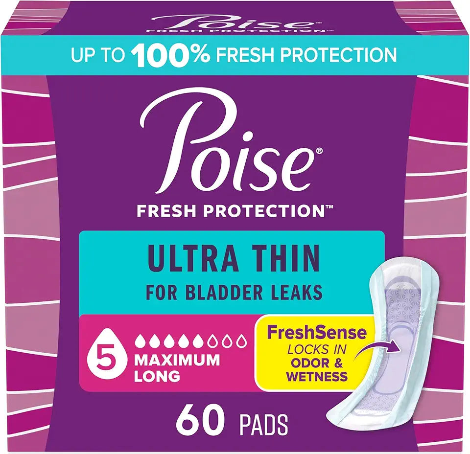 Ultra Thin Incontinence & Postpartum Pads with Wings, 5 Drop Maximum Absorbency, Long Length, 60 Count P736