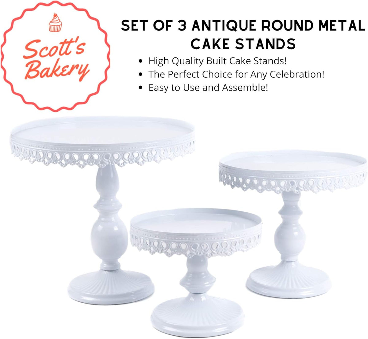 Set of 3 Antique Round Metal Cake Stands 12, 10, 8 Inch White M683