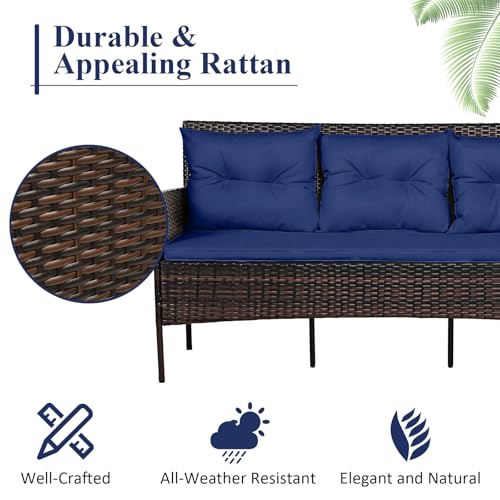 3 Pieces PE Rattan Wicker Patio Conversation Set with Cushions and Tempered Glass Coffee Table I98458