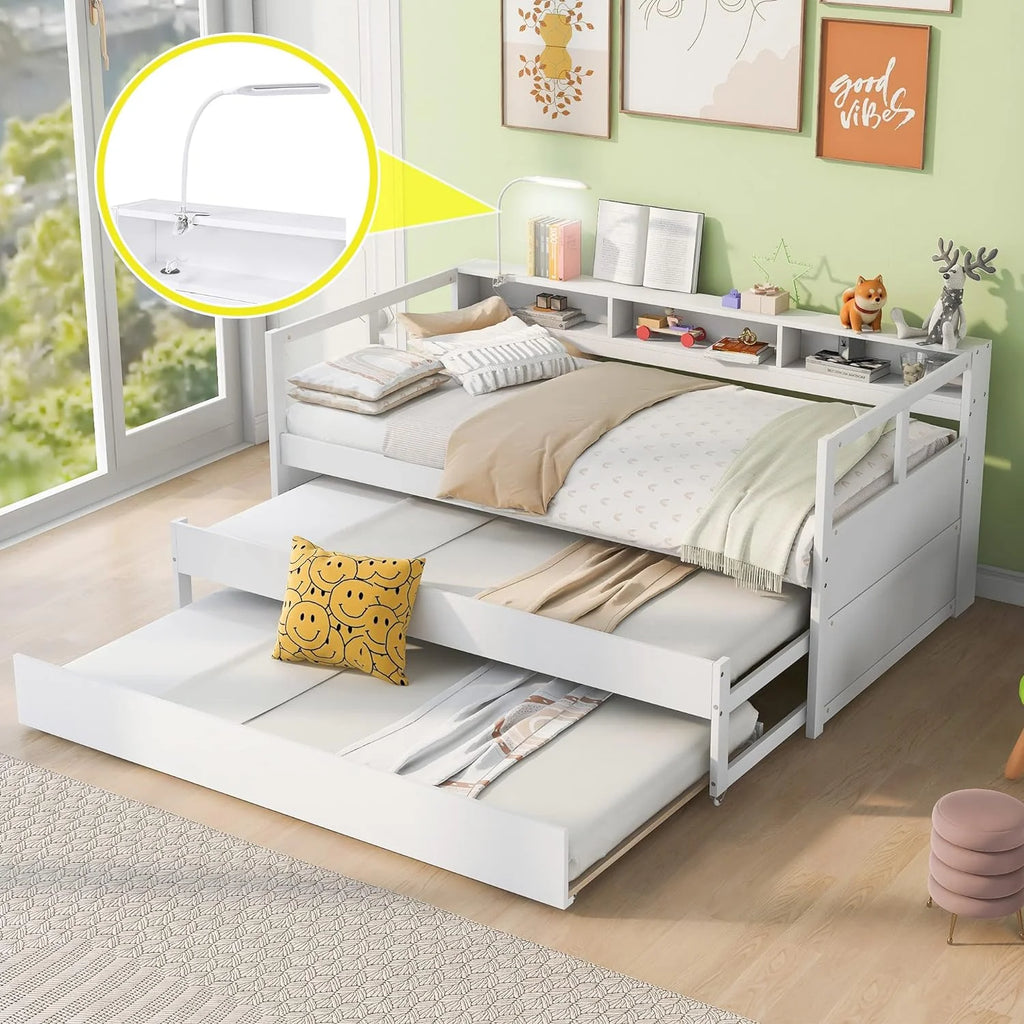 White XL Daybed with 2 Trundles, 3 Storage Cubbies, USB Charging Port, Solid Wood Sofa Bed Frame U8470