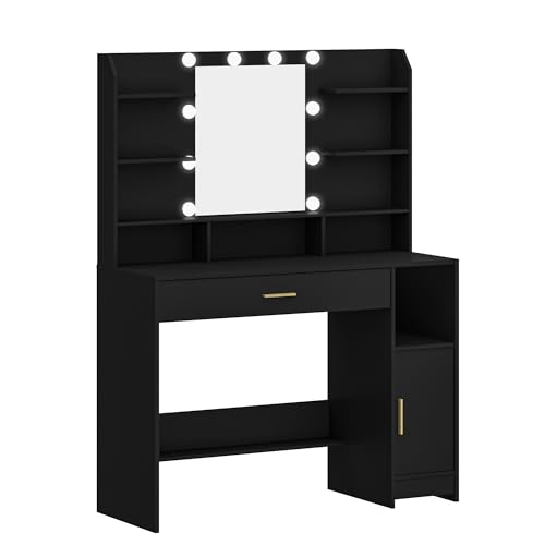 Black Vanity Desk with Mirror and 10 LED Lights R74410