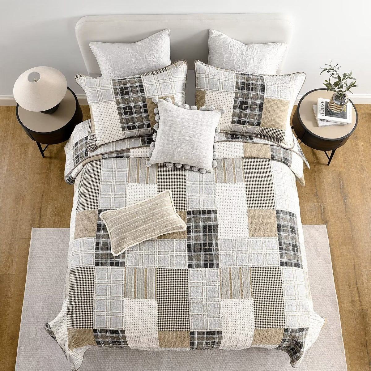 King Size 100% Cotton Beige Brown Patchwork Plaid Quilt Set 3-Piece O4744