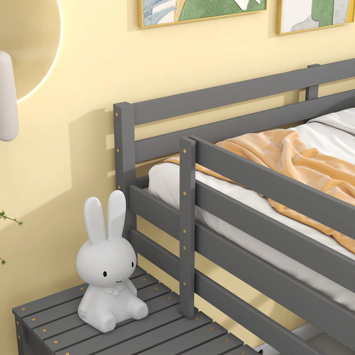 Gray Full Wood Loft Bed with Safety Rail and Ladder L79026