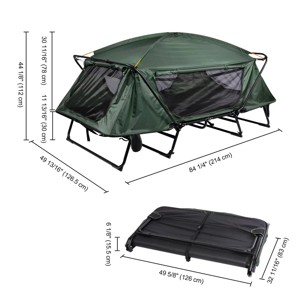 Green Double Tent Cot Folding Portable Waterproof Camping Bed for 2 Person with Rain Fly Bag P94810