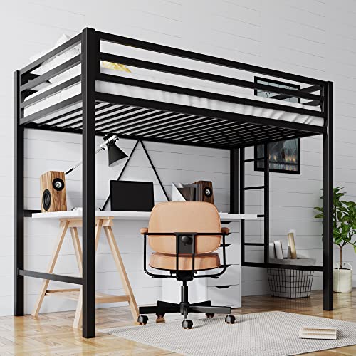 Twin Size Black Metal Loft Bed with Ladder and Guardrail H8440