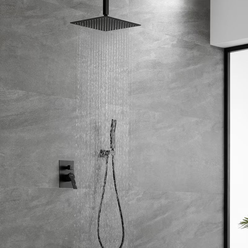 12 in. Ceiling Mount Dual Shower Heads with Pressure Balance Valve in Matte Black I430