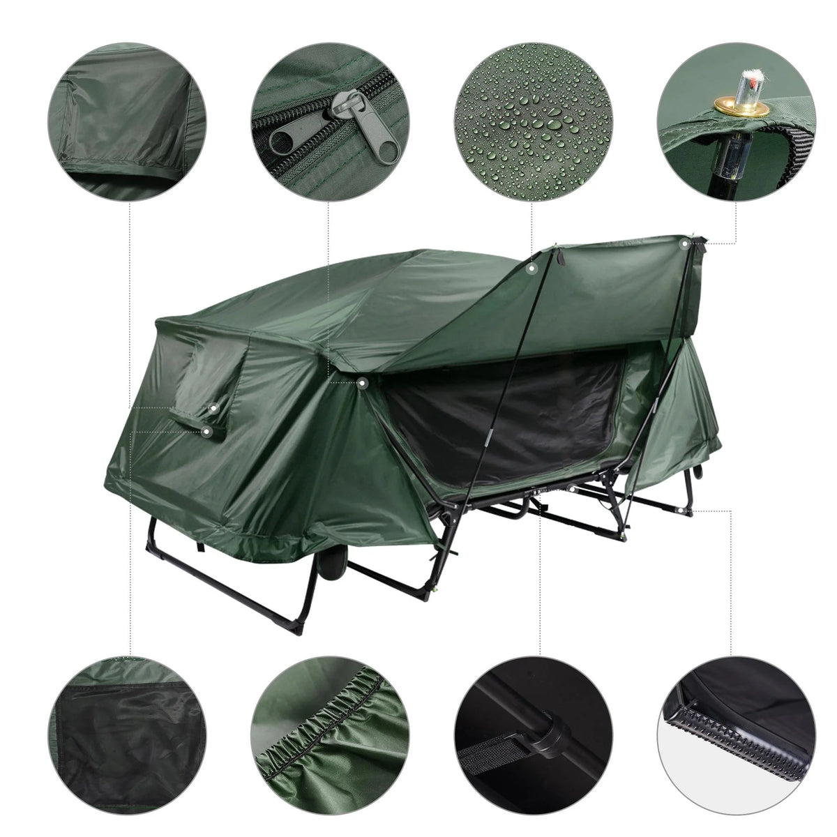 Green Double Tent Cot Folding Portable Waterproof Camping Bed for 2 Person with Rain Fly Bag P94810