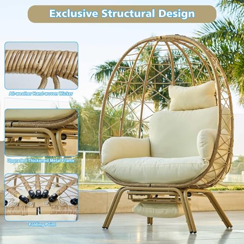 Oversized Beige Wicker Egg Chair with Cushion & Footrest C43527