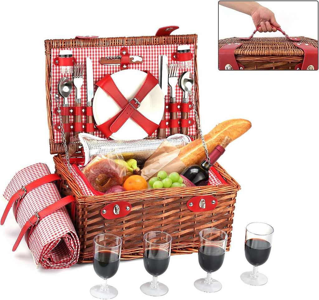 4 Person Wicker Picnic Basket Set with Insulated Cooler Bag and Picnic Blanket F283094