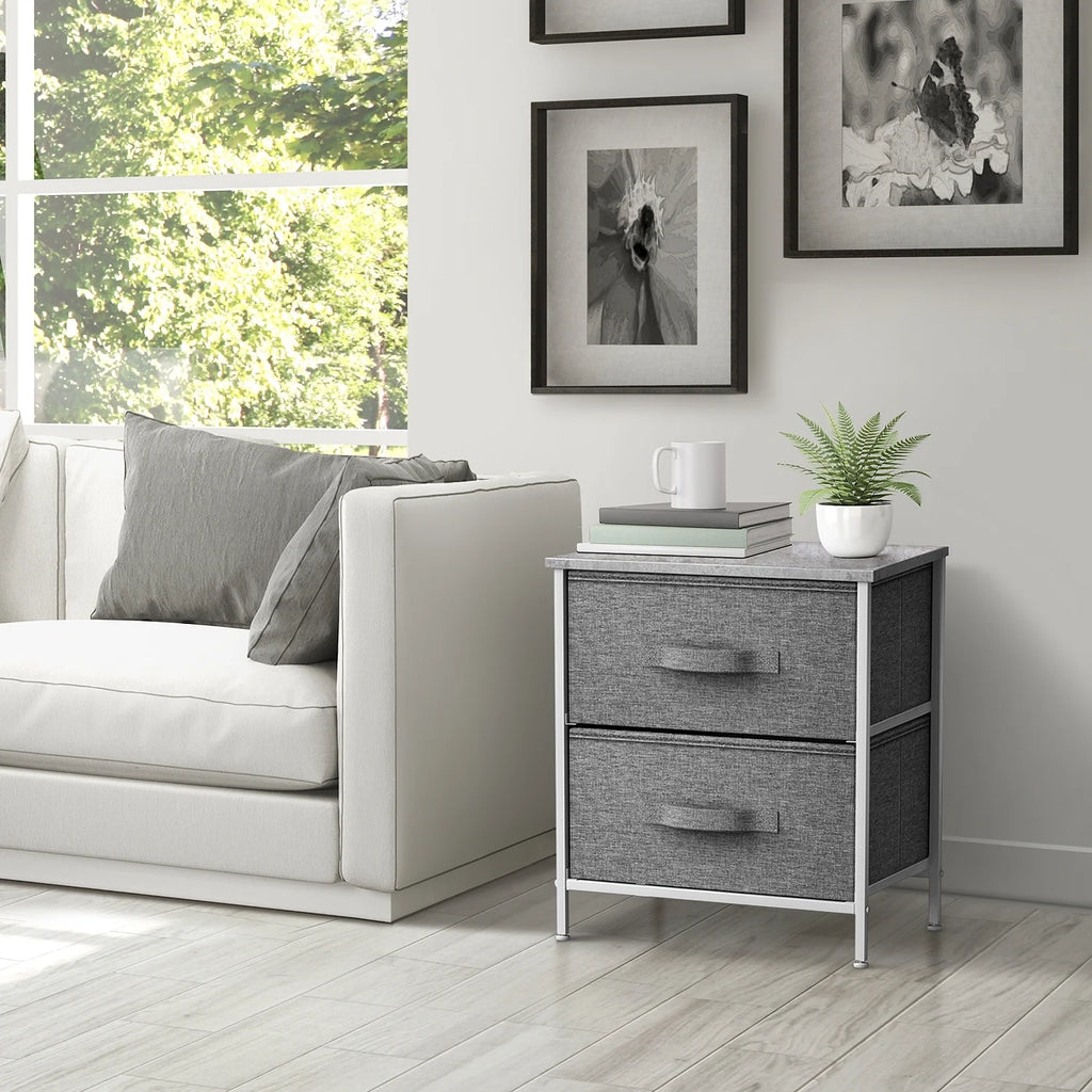 2 Drawer Nightstand with Steel Frame, Wood Top, Fabric Bins A917744